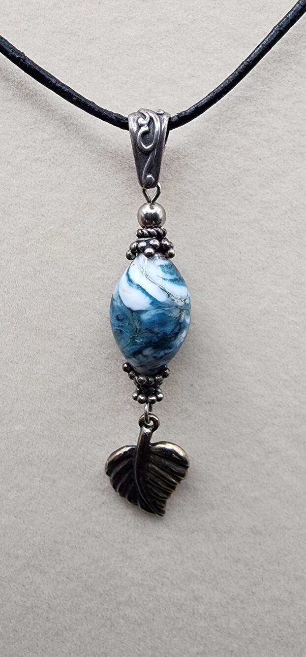 Artisan Blue White Stone Leaf Pendant Necklace Black Cord Boho Handmade Style